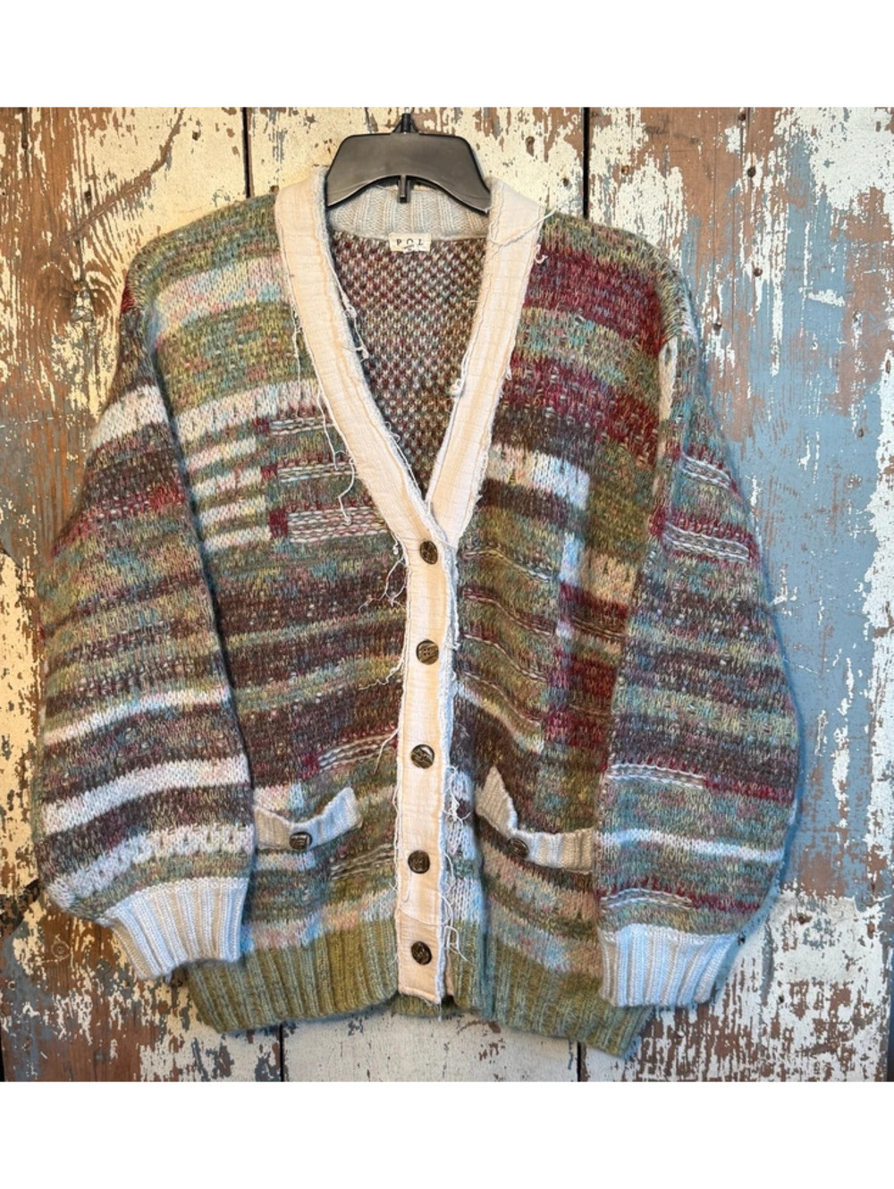 POL Warm Wishes Rowan Cardigan Sweater Olive Green Chunky Knit Boho Womens L